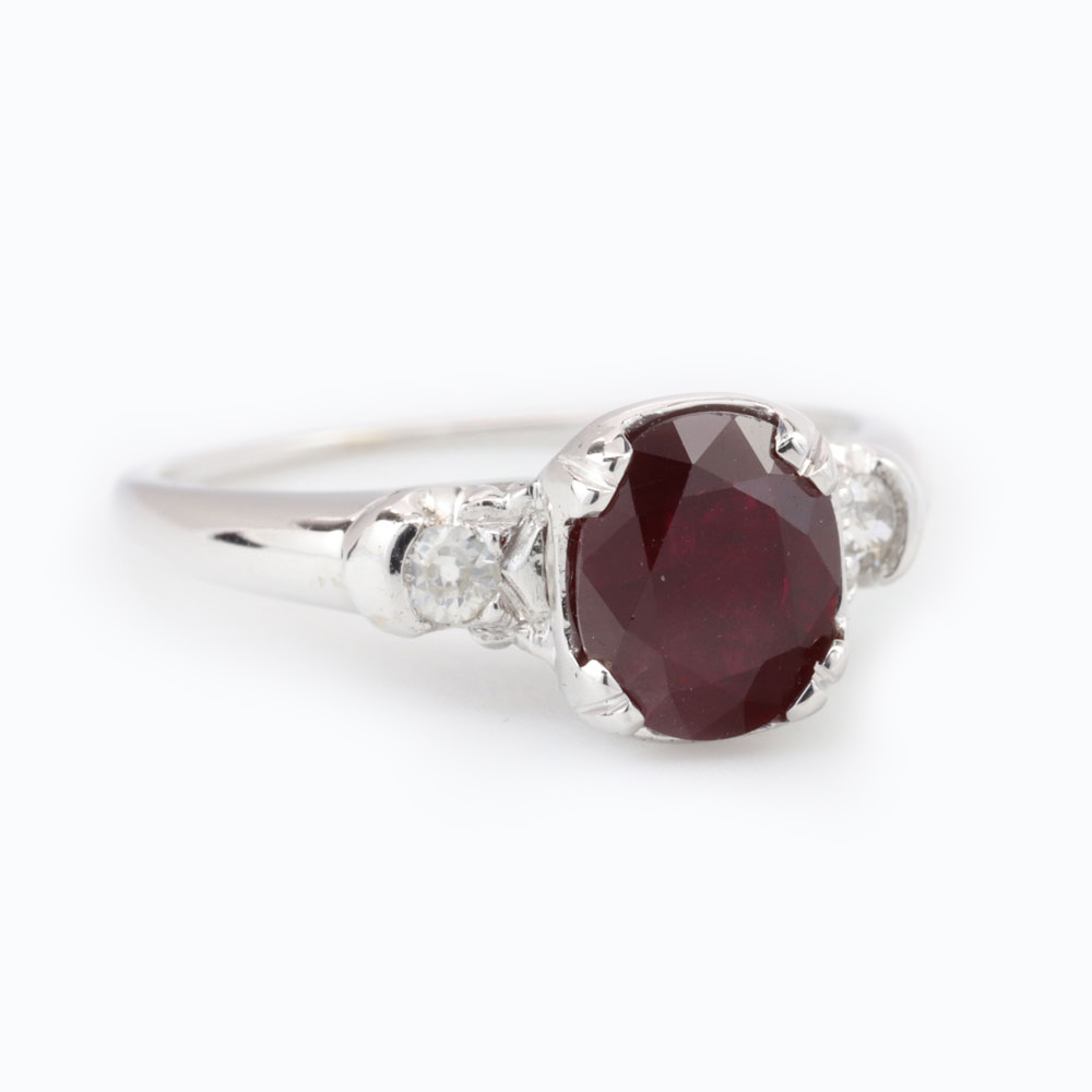 Three Stone Oval Ruby Ring, 18K White Gold