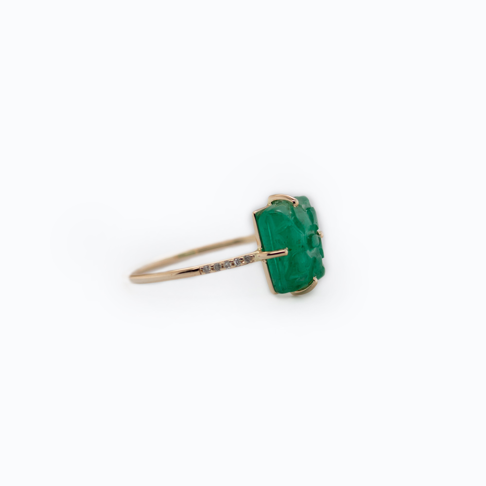 Carved Natural Emerald Fashion Ring with Diamond, 14k Yellow Gold