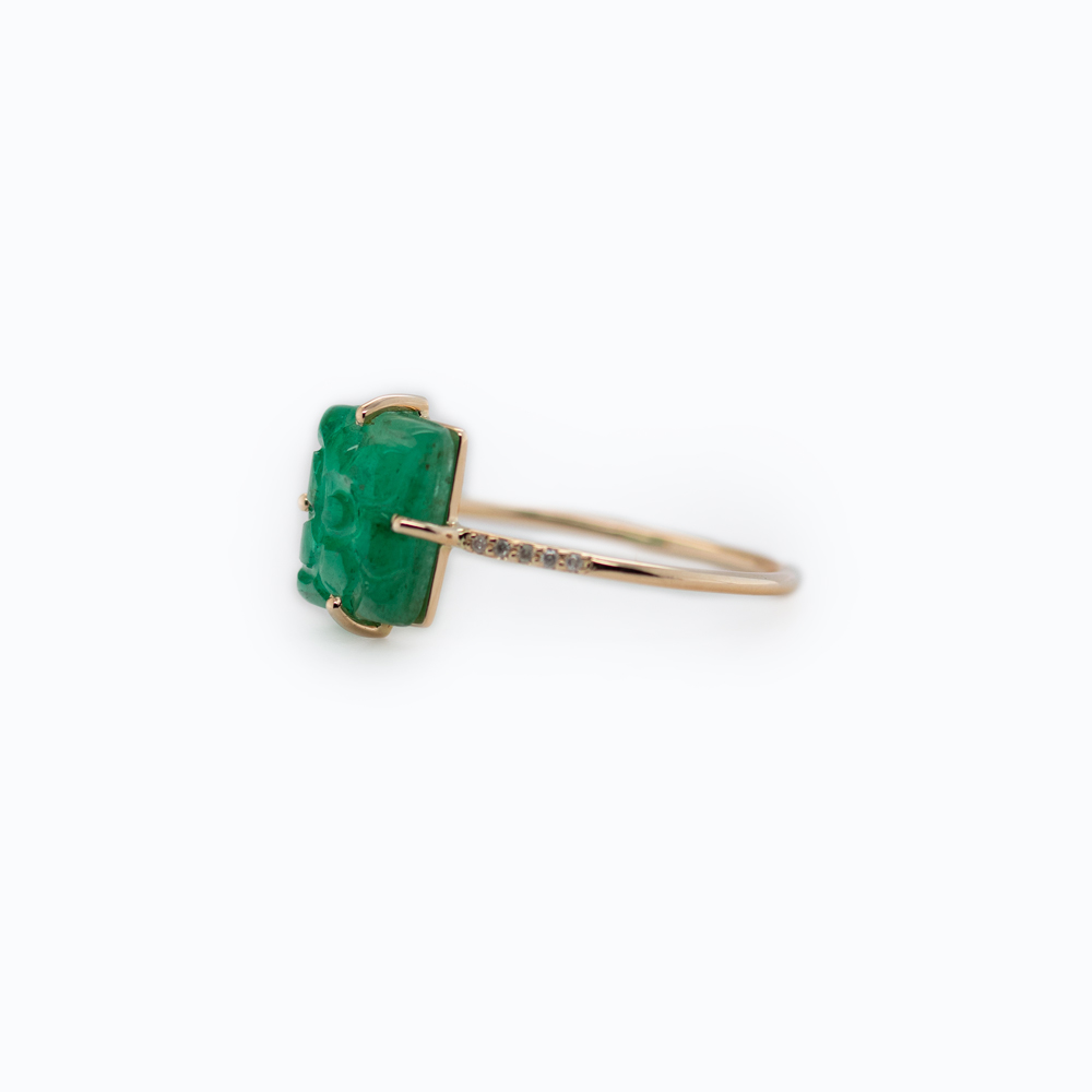 Carved Natural Emerald Fashion Ring with Diamond, 14k Yellow Gold