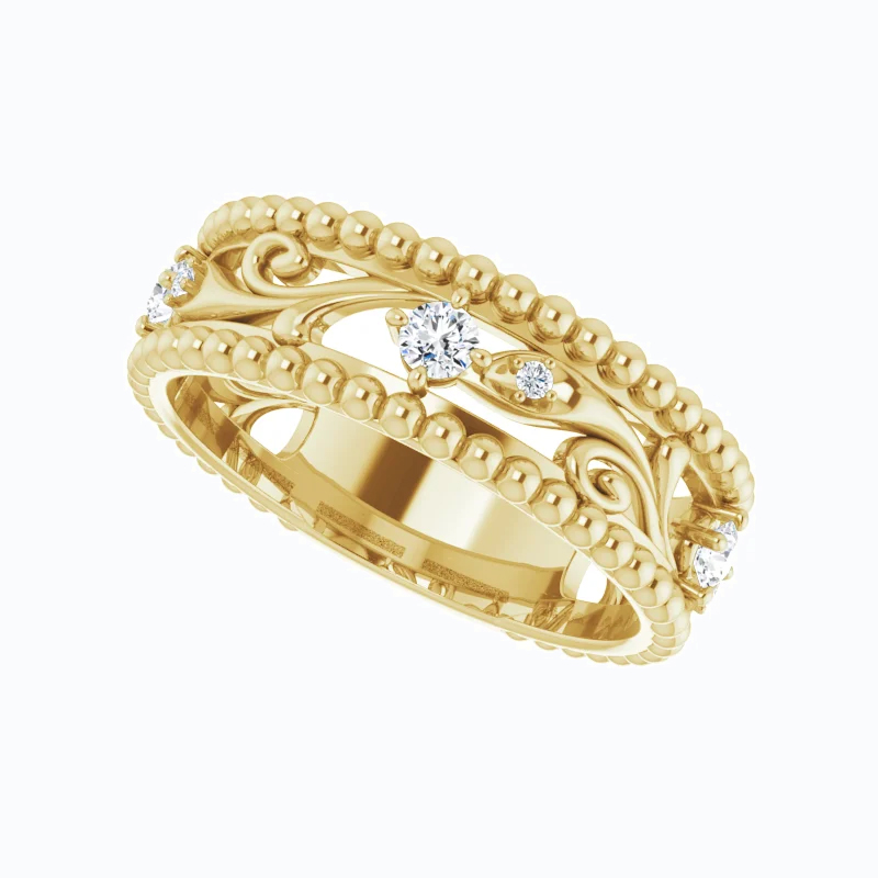 Vintage Inspired Open Vine Motif Diamond Wedding Band, 14k Gold