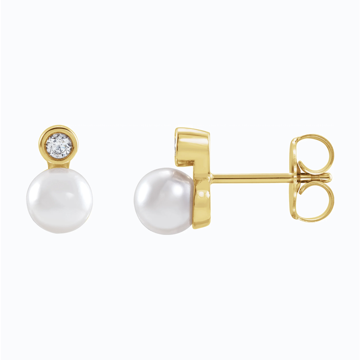 Diamond Accented Cultured Akoya Pearl Stud Earring, 14k Yellow Gold