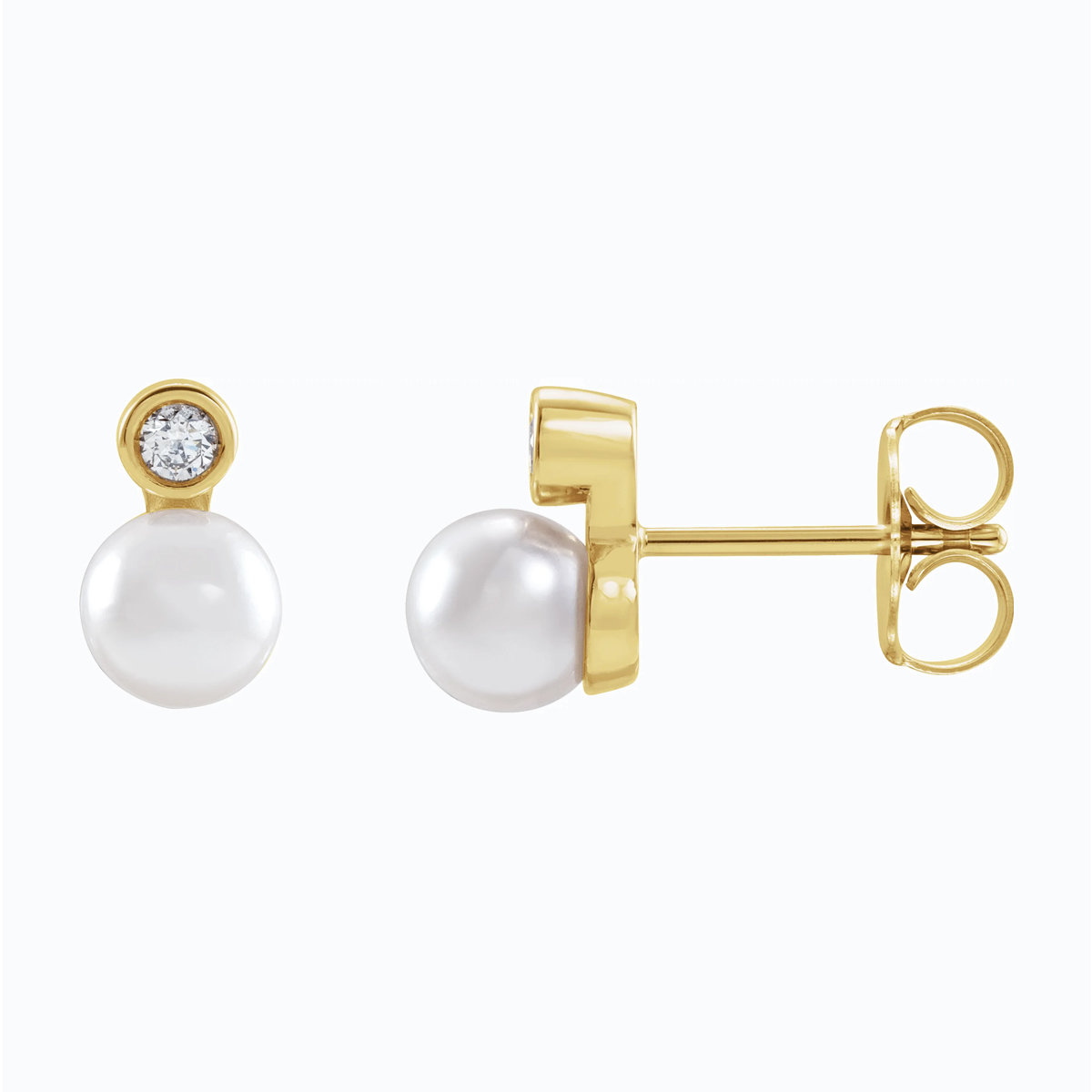 Natural Diamond Accented Cultured Akoya Pearl Stud Earring, 14k Yellow Gold