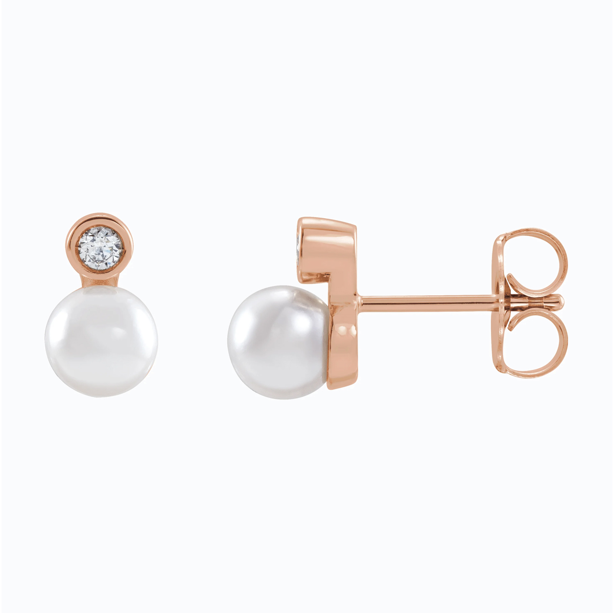 Natural Diamond Accented Cultured Akoya Pearl Stud Earring, 14k Rose Gold