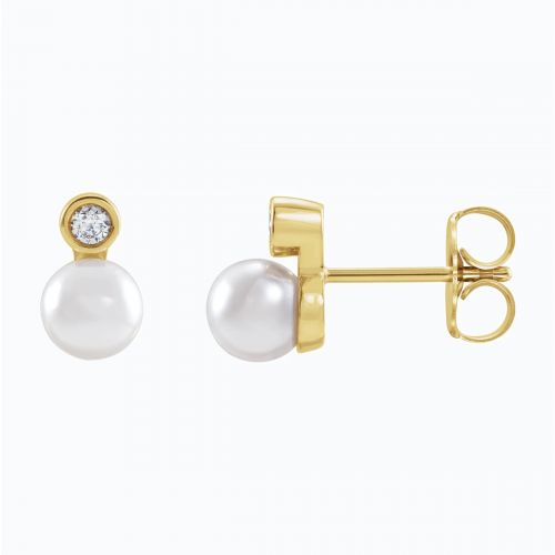 Natural Diamond Accented Cultured Akoya Pearl Stud Earring, 14k Yellow Gold