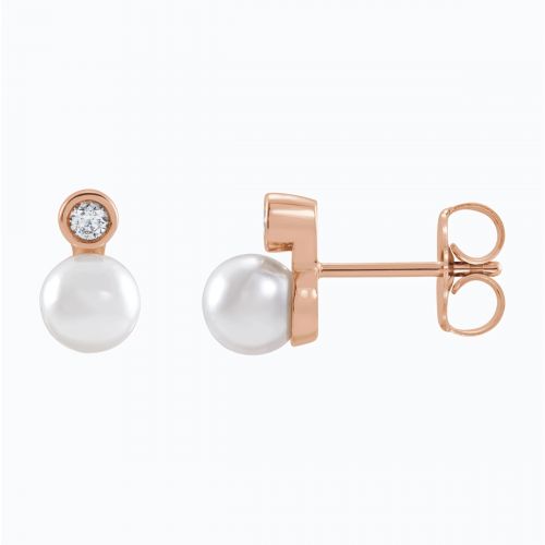 Natural Diamond Accented Cultured Akoya Pearl Stud Earring, 14k Rose Gold