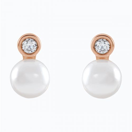 Natural Diamond Accented Cultured Akoya Pearl Stud Earring, 14k Rose Gold