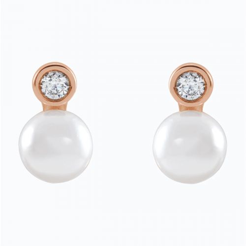 Natural Diamond Accented Cultured Akoya Pearl Stud Earring, 14k Rose Gold