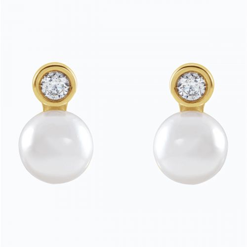 Natural Diamond Accented Cultured Akoya Pearl Stud Earring, 14k Yellow Gold