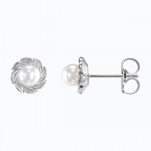 Leaf Motif Cultured Akoya Pearl Stud Earring, 14k White Gold