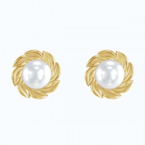 Leaf Motif Cultured Akoya Pearl Stud Earring, 14k Yellow Gold