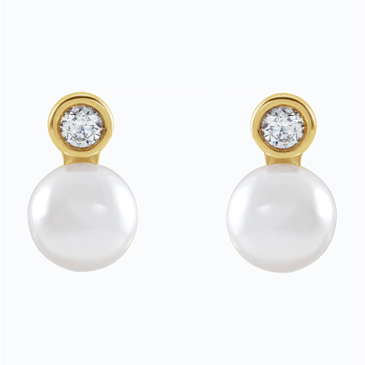 Natural Diamond Accented Cultured Akoya Pearl Stud Earring, 14k Yellow Gold