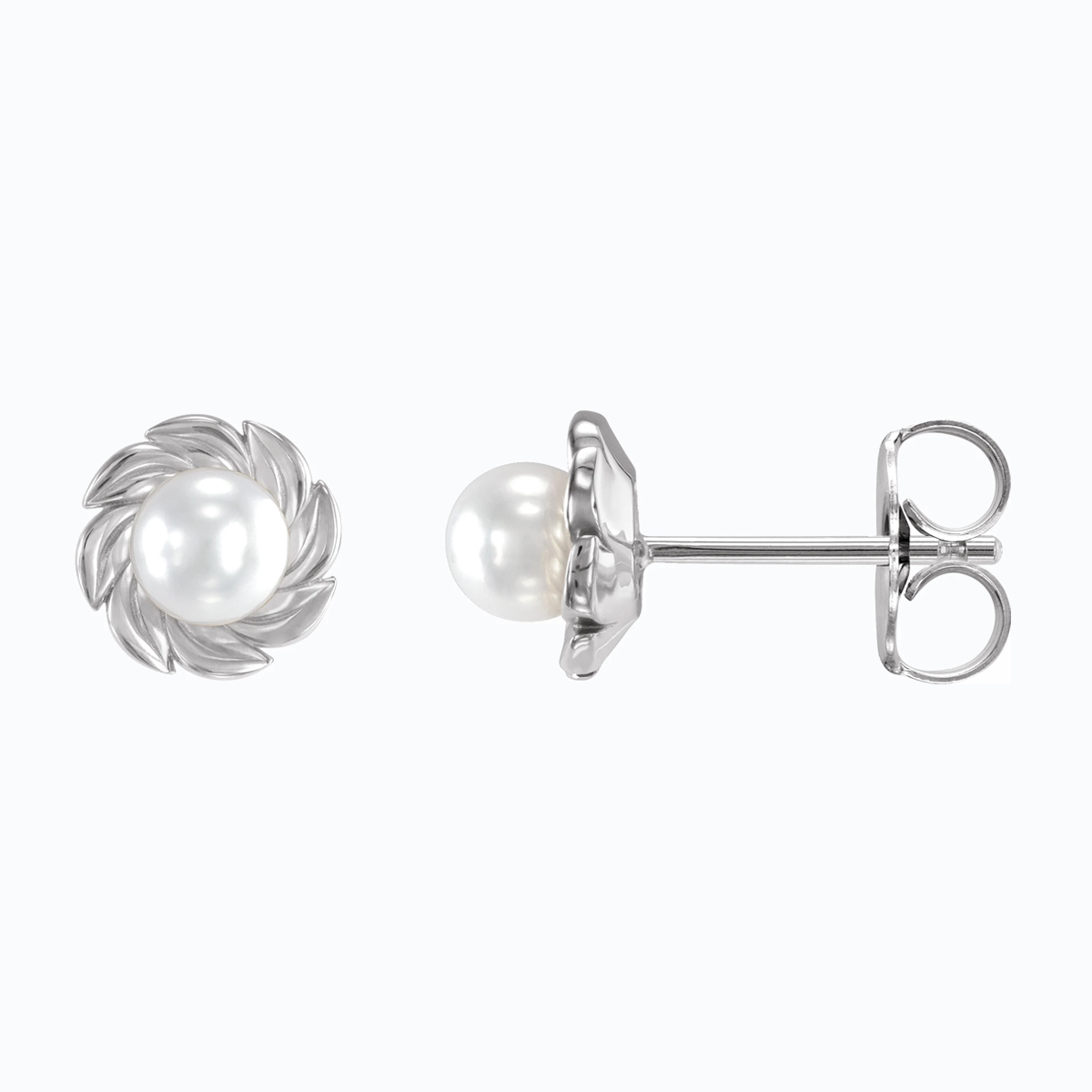 Leaf Motif Cultured Akoya Pearl Stud Earring, 14k White Gold