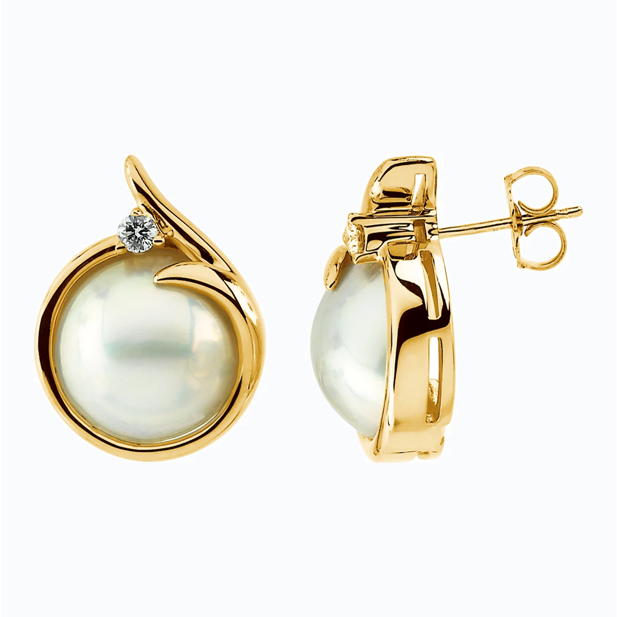 Natural Diamond Accented Mabe Pearl Earrings, 14k Yellow Gold