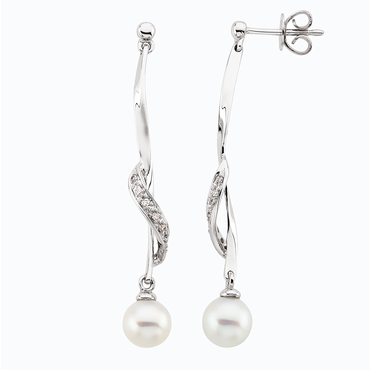 Natural Diamond Accented Cultured Pearl Dangle Earrings, 14k White Gold