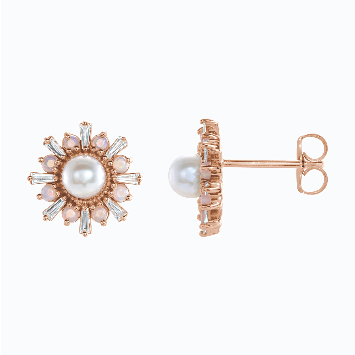 Natural Diamond, Pearl, and Opal Floral Stud Earring, 14k Gold