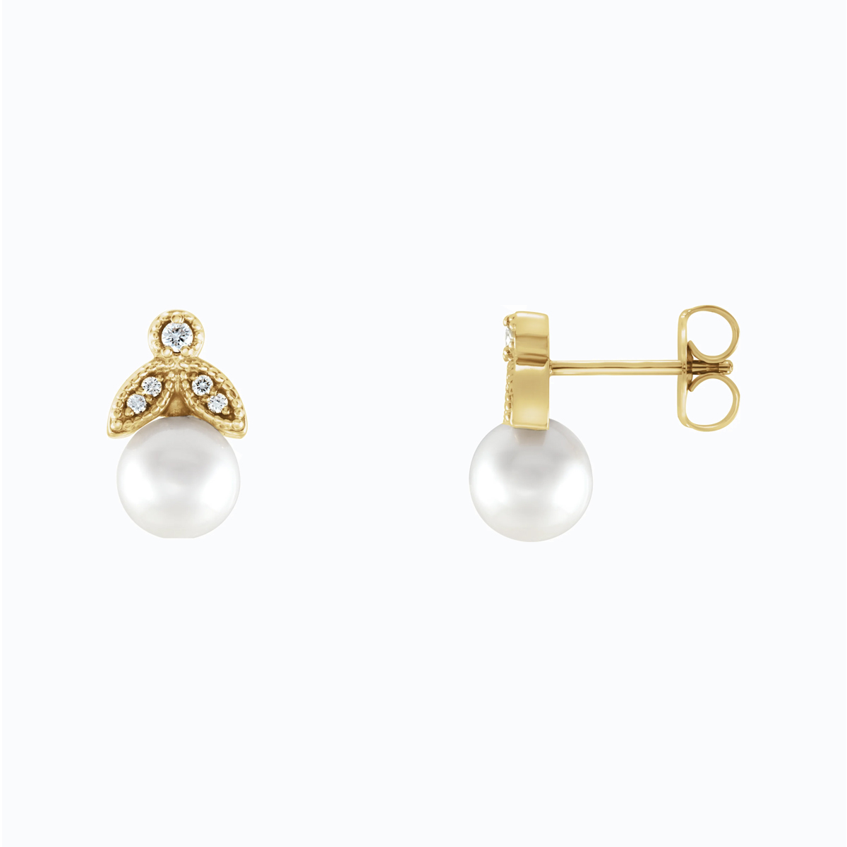 Pearl and Diamond Leaf motif Drop Earring, 14k Yellow Gold