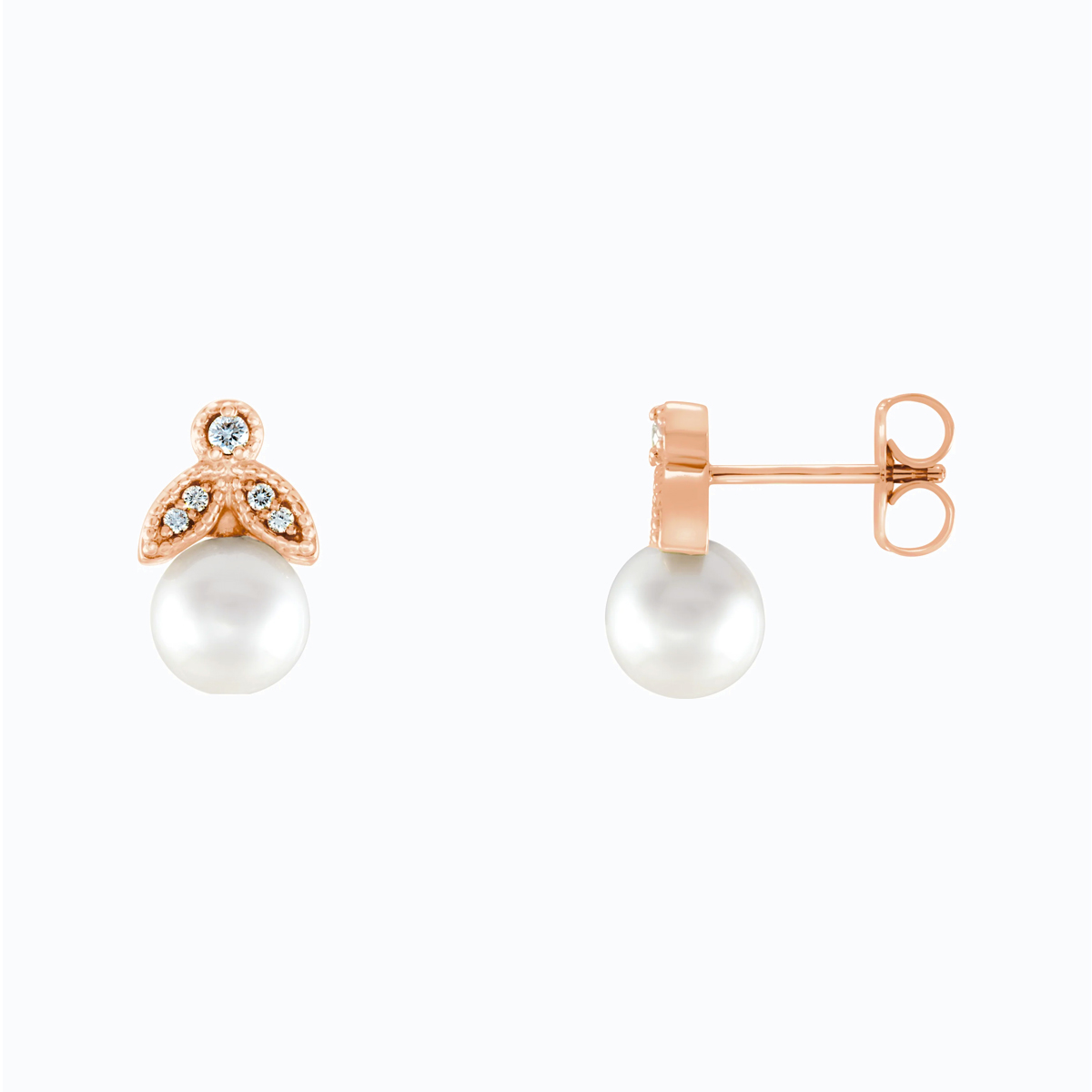 Pearl and Natural Diamond Leaf motif Drop Earring, 14k Rose Gold