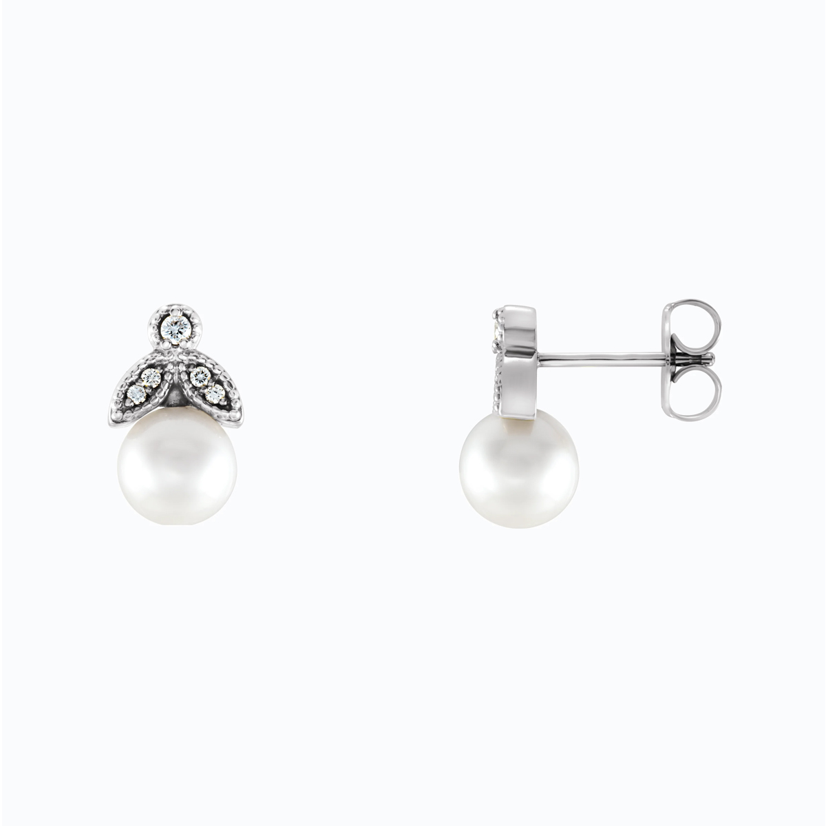 Pearl and Diamond Leaf motif Drop Earring, 14k White Gold
