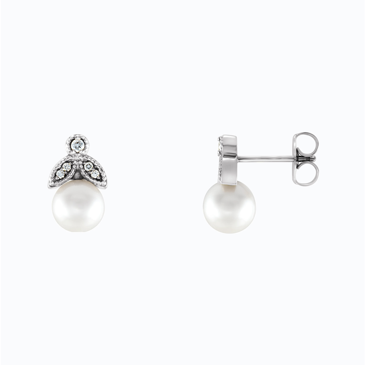 Pearl and Natural Diamond Leaf motif Drop Earring, 14k White Gold