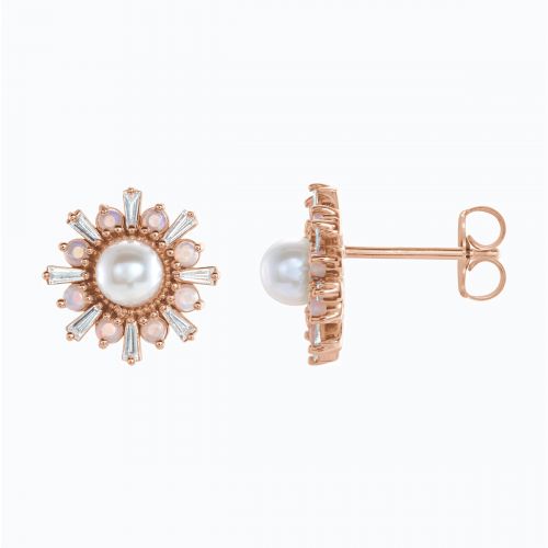 Diamond, Pearl, and Opal Floral Stud Earring, 14k Gold