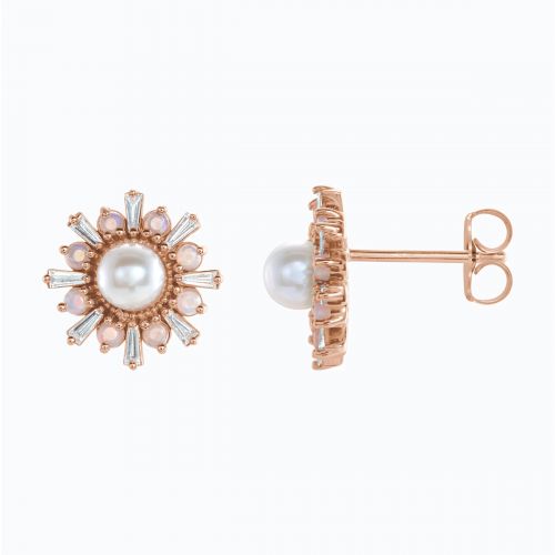 Natural Diamond, Pearl, and Opal Floral Stud Earring, 14k Gold