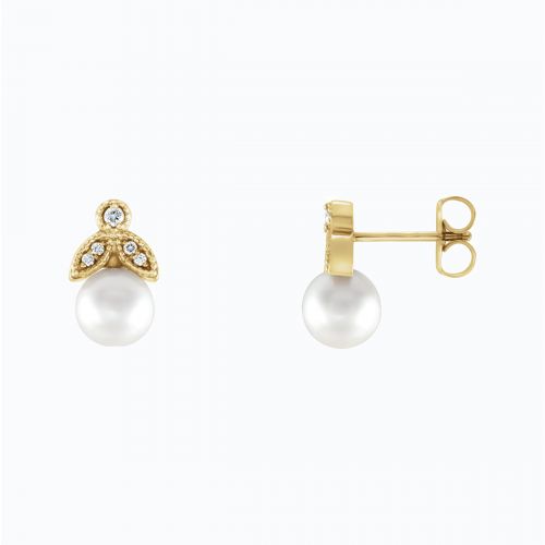 Pearl and Natural Diamond Leaf motif Drop Earring, 14k Yellow Gold