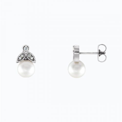 Pearl and Natural Diamond Leaf motif Drop Earring, 14k White Gold