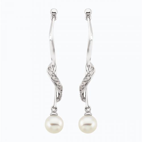 Natural Diamond Accented Cultured Pearl Dangle Earrings, 14k White Gold