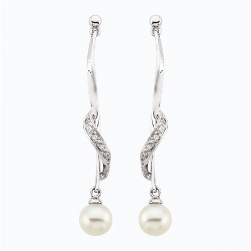 Natural Diamond Accented Cultured Pearl Dangle Earrings, 14k White Gold