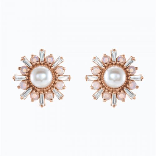 Diamond, Pearl, and Opal Floral Stud Earring, 14k Gold