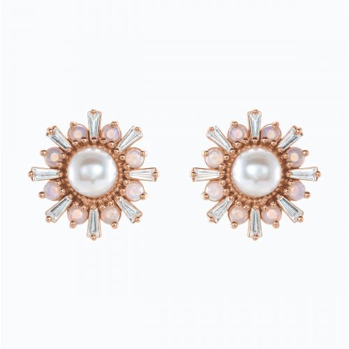 Diamond, Pearl, and Opal Floral Stud Earring, 14k Gold