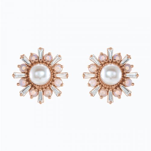 Natural Diamond, Pearl, and Opal Floral Stud Earring, 14k Gold