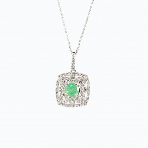 Natural Emerald in Diamond Halo Pendant and Chain
