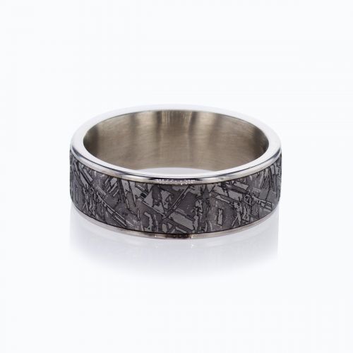 Modern Men's 14k Wedding Band with faux meteorite center