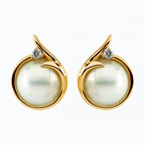 Natural Diamond Accented Mabe Pearl Earrings, 14k Yellow Gold
