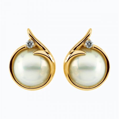 Natural Diamond Accented Mabe Pearl Earrings, 14k Yellow Gold