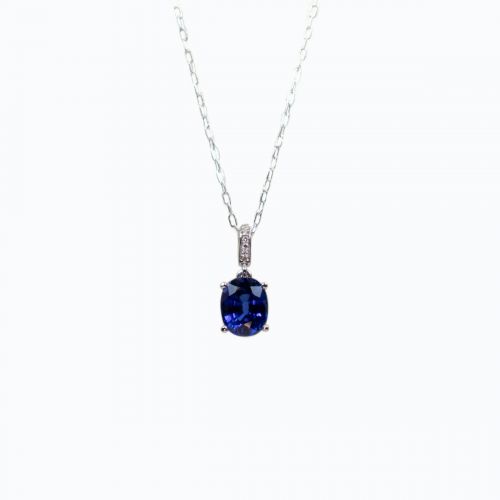 Lab-grown Oval Blue Sapphire Pendant with Diamond Accents