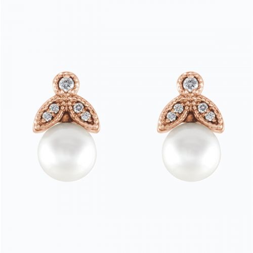 Pearl and Natural Diamond Leaf motif Drop Earring, 14k Rose Gold
