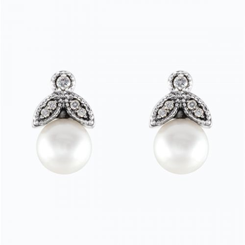 Pearl and Natural Diamond Leaf motif Drop Earring, 14k White Gold