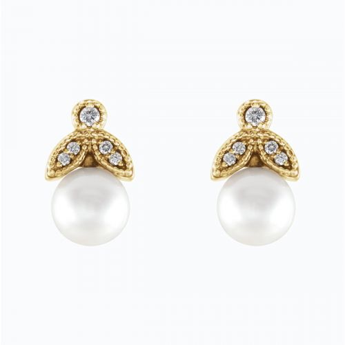 Pearl and Natural Diamond Leaf motif Drop Earring, 14k Yellow Gold