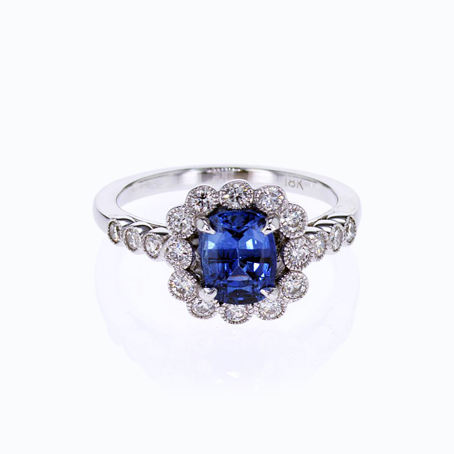 The Caitlin Cushion Lab Grown Sapphire Engagement Ring Diamond Halo 18K White Gold / 9x7