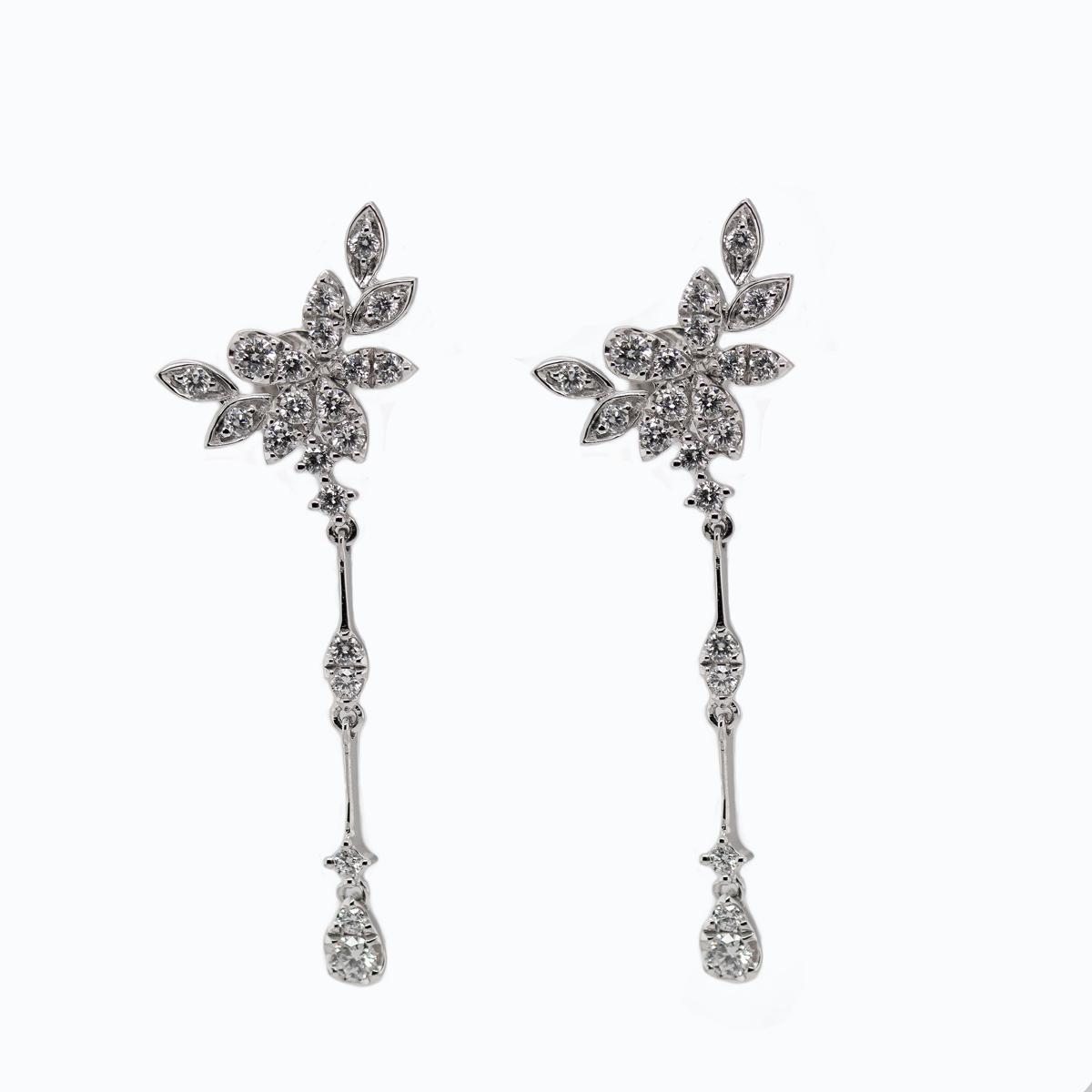 Diamond Leaf Dangle Earrings, 14k White Gold