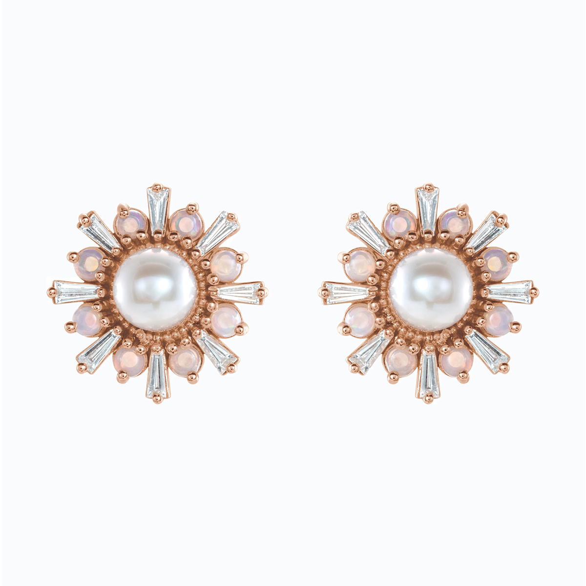 Natural Diamond, Pearl, and Opal Floral Stud Earring, 14k Gold