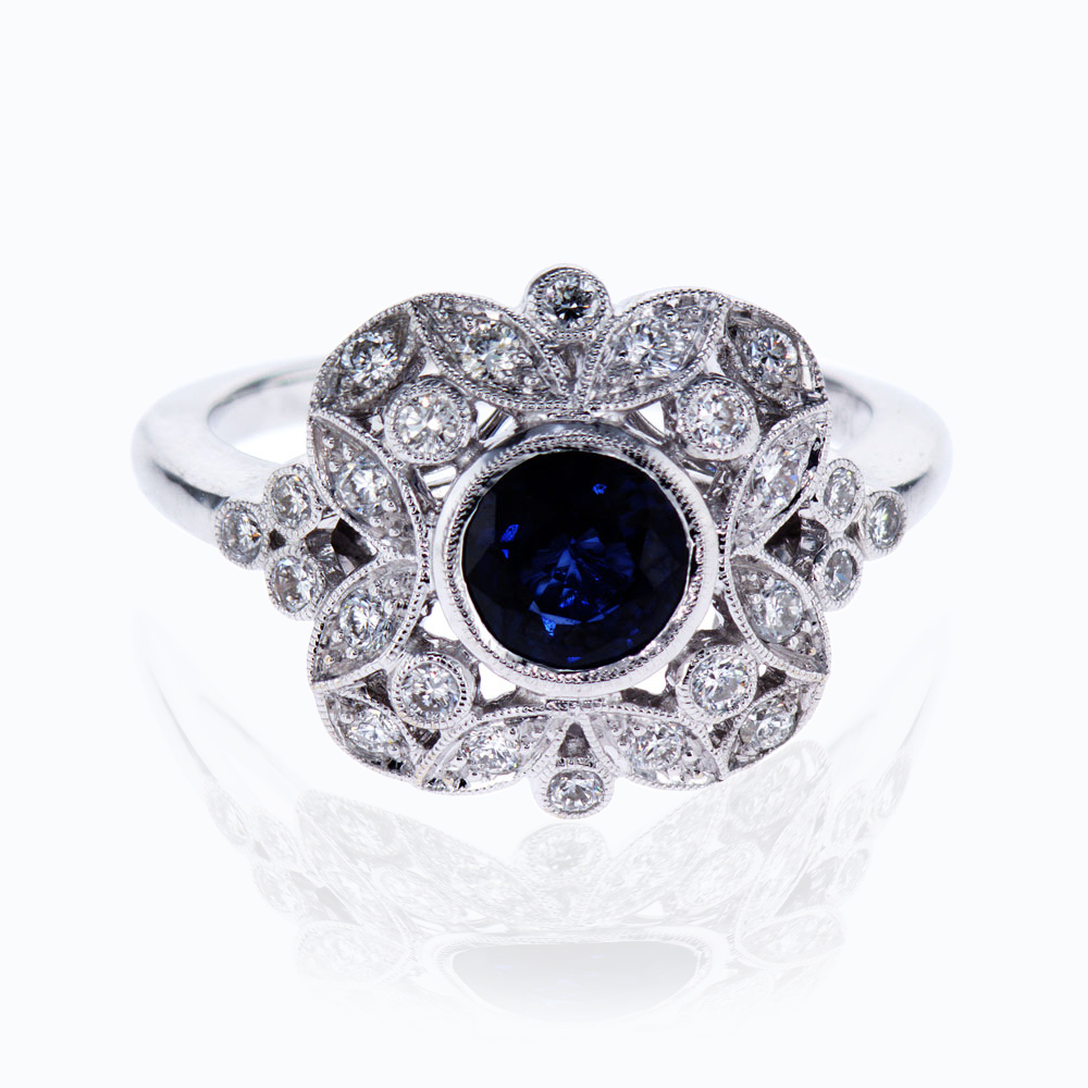 Floral inspired Blue Sapphire and Diamond Engagement Ring