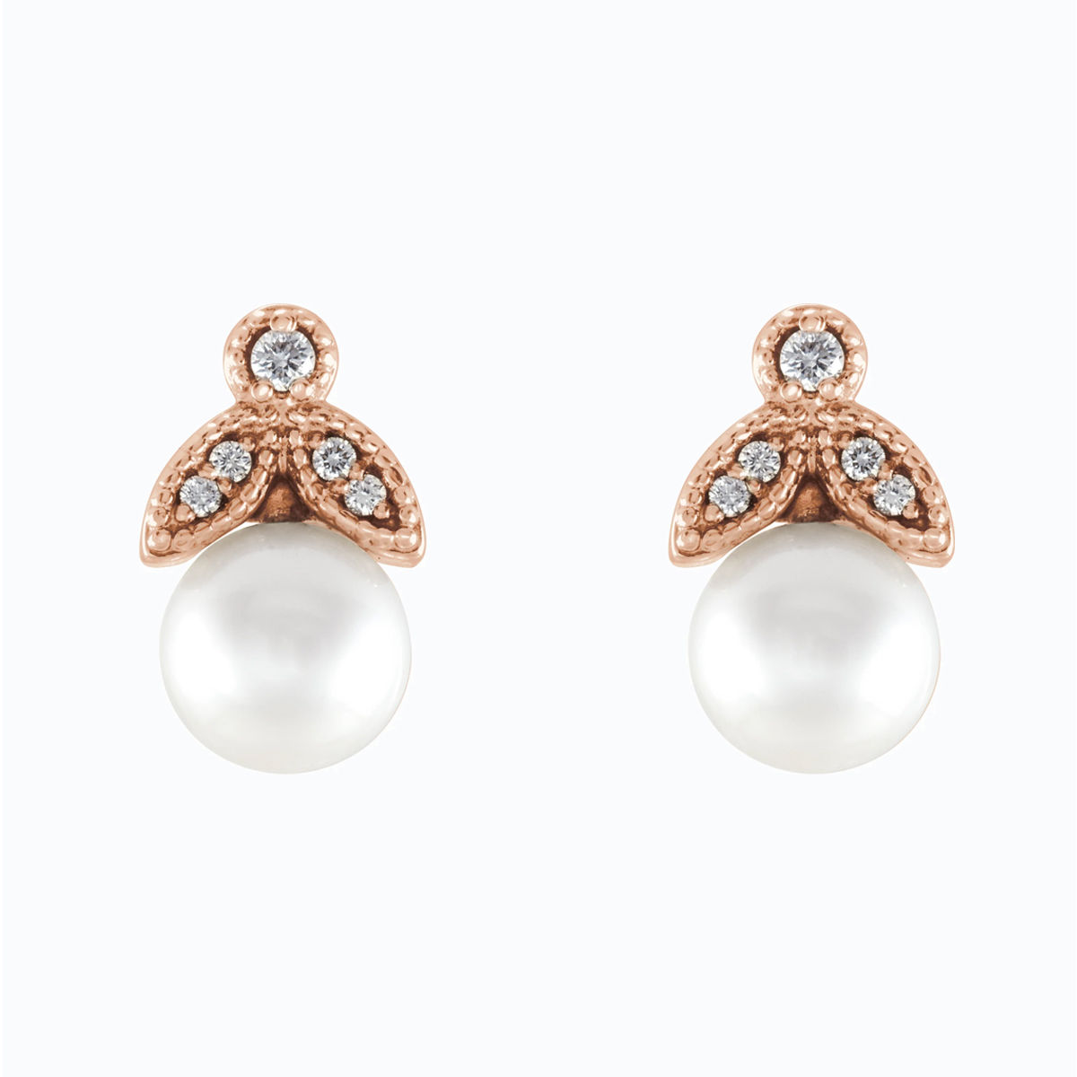 Pearl and Natural Diamond Leaf motif Drop Earring, 14k Rose Gold