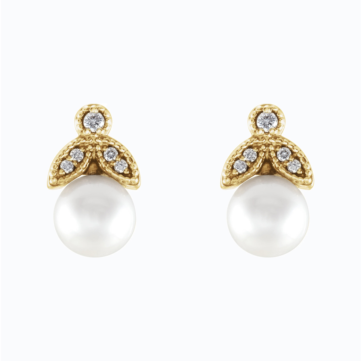 Pearl and Natural Diamond Leaf motif Drop Earring, 14k Yellow Gold