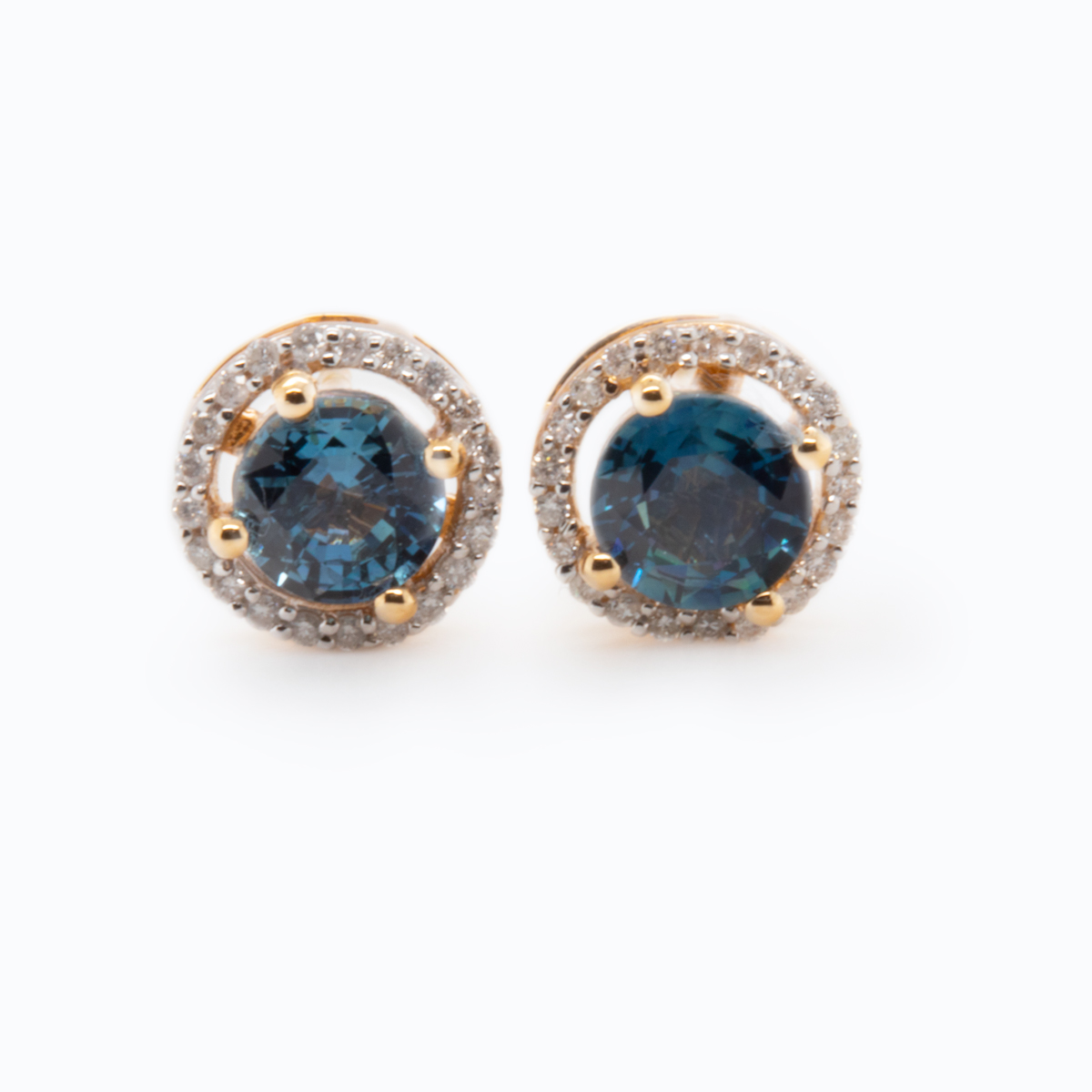 Natural Blue Sapphire and Diamond Halo Earrings, 14k Yellow Gold