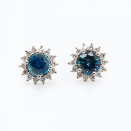 Natural Blue Sapphires and Diamond Halo Earrings, 14k White Gold