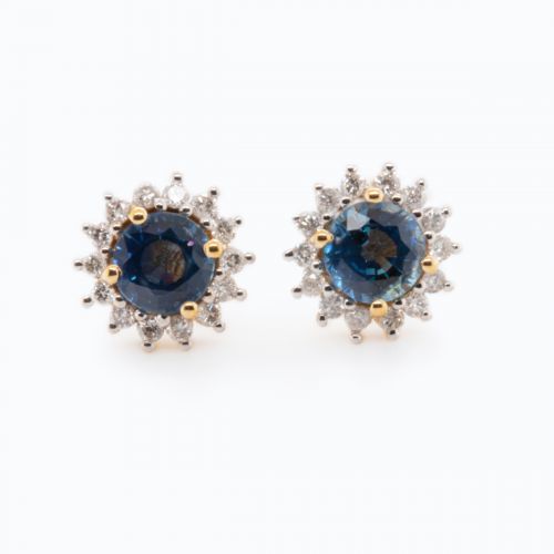 Natural Blue Sapphires and Diamond Halo Earrings, 14k Yellow Gold