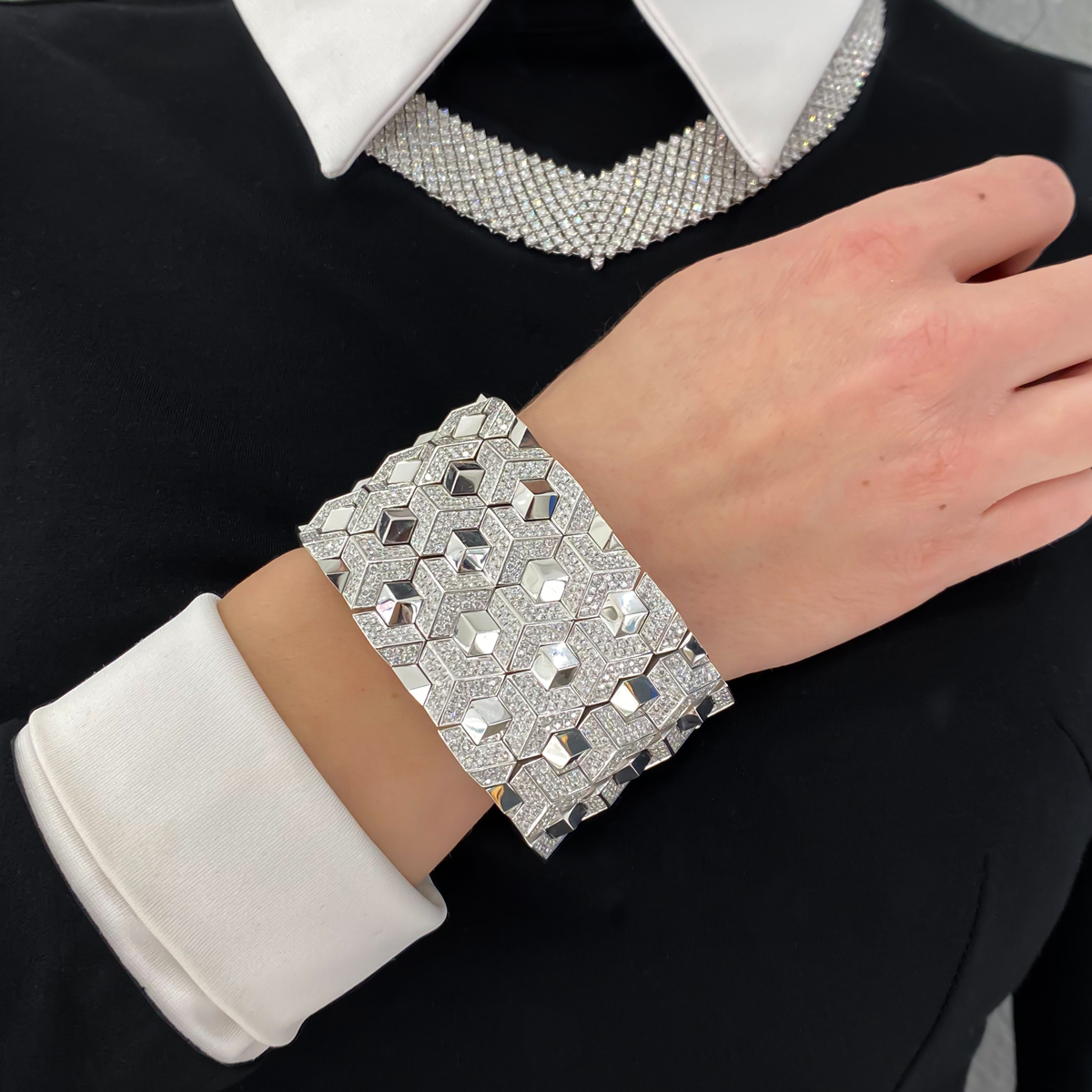 Modern Day Wonder Woman Natural Diamond Cuff 18k White Gold